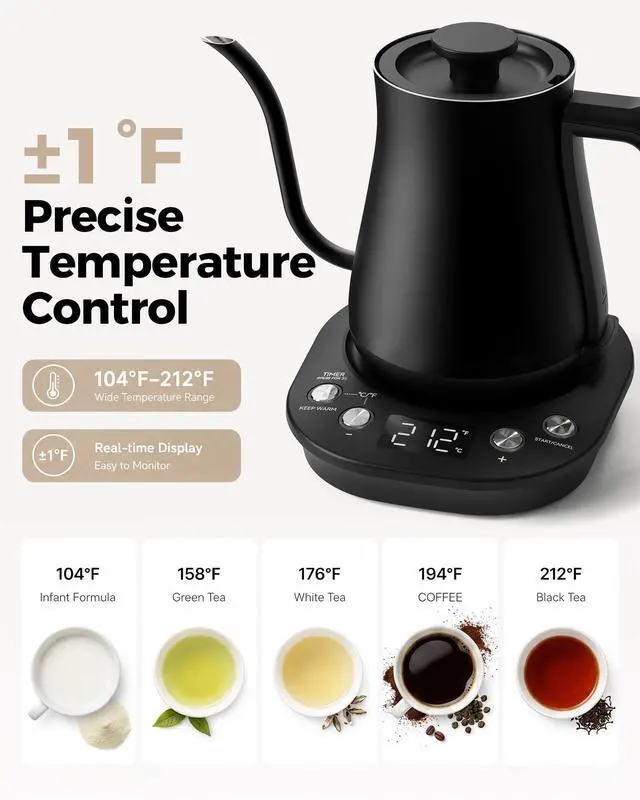 Alt view image 4 of 7 - Gooseneck Electric Kettle with ±1 Temperature Control, 304 Stainless Steel Interior, BPA Free, 1200 Watt Rapid, Brew Timer, Automatic Shut Off for Pour Over Coffee, Brew TeaMatte Black