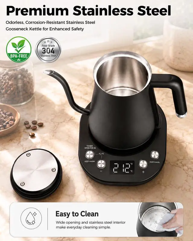 Alt view image 5 of 7 - Gooseneck Electric Kettle with ±1 Temperature Control, 304 Stainless Steel Interior, BPA Free, 1200 Watt Rapid, Brew Timer, Automatic Shut Off for Pour Over Coffee, Brew TeaMatte Black