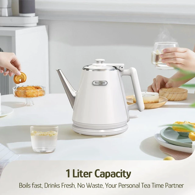 Alt view image 2 of 7 - Electric Kettle, 1L/34oz Small Tea Kettle - Pearl White | 800W Fast Boil, 304 Stainless Steel Interior, Double-Wall Cool Touch, Gooseneck Spout, Auto Shut-Off, BPA-Free Cordless Home