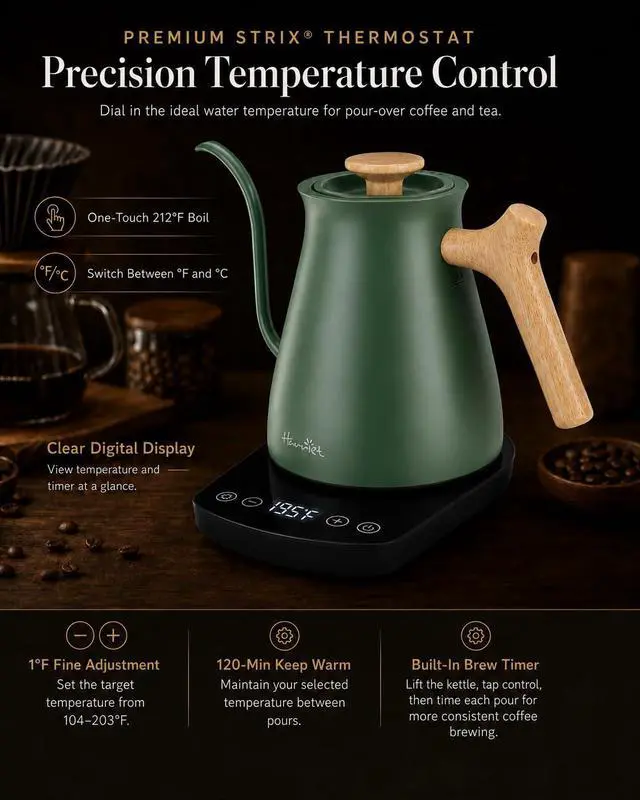 Alt view image 2 of 7 - Gooseneck Electric Kettle, 1°F Control, Brew Time, 0.8L