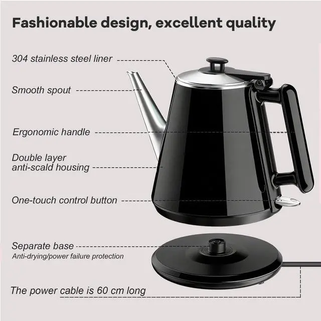 Alt view image 7 of 7 - Small Gooseneck Electric Kettle 0.9L, 1000W 304 Stainless Steel