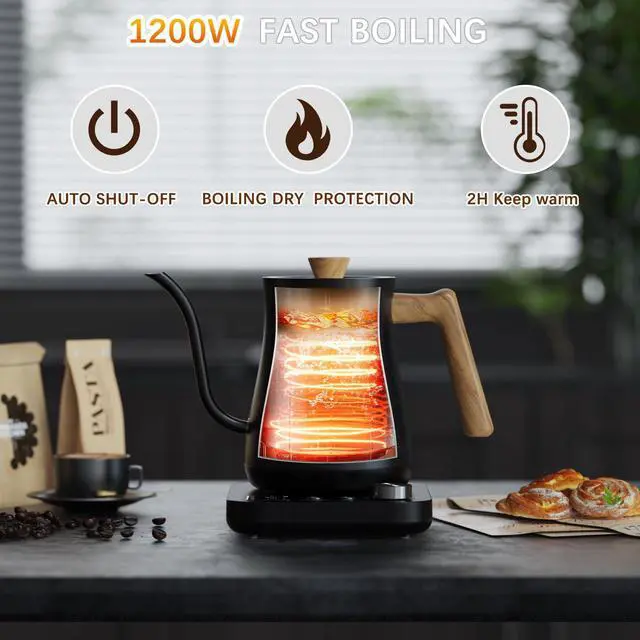 Alt view image 6 of 7 - Gooseneck Electric Kettle, Electric tea Kettles, ±1 Temperature Control for Pour-Over Coffee & Tea Brewing, Stainless Steel Inner, Quick Heating, Boil Hot Water, 1200W/0.8L (Black Wooden)
