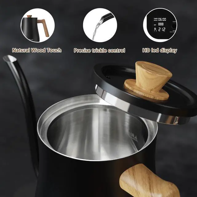 Alt view image 7 of 7 - Gooseneck Electric Kettle, Electric tea Kettles, ±1 Temperature Control for Pour-Over Coffee & Tea Brewing, Stainless Steel Inner, Quick Heating, Boil Hot Water, 1200W/0.8L (Black Wooden)