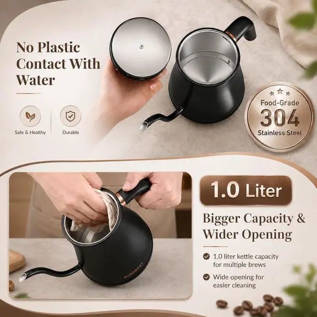 Alt view image 2 of 6 - 1L Electric Gooseneck Kettle with 6 Temperature Control Preset & Keep-warm