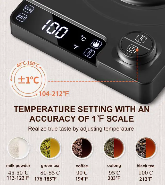 Alt view image 3 of 6 - Gooseneck Electric Kettle, ±1°F Temperature Control, Up to 24H Keep Warm, 1.0L 1200W Fast Heating, 304 Stainless Steel Interior, Built-in Brew Timer, Pour Over Kettle for Coffee and Tea