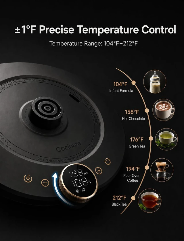 Alt view image 3 of 7 - Gooseneck Electric Kettle, ±1°F Precise Temperature Control, 1500W Fast Heating, Pour Over Coffee & Tea Kettle with Brew Timer & Keep Warm, Stainless Steel, 0.9L (Delacroix Green)