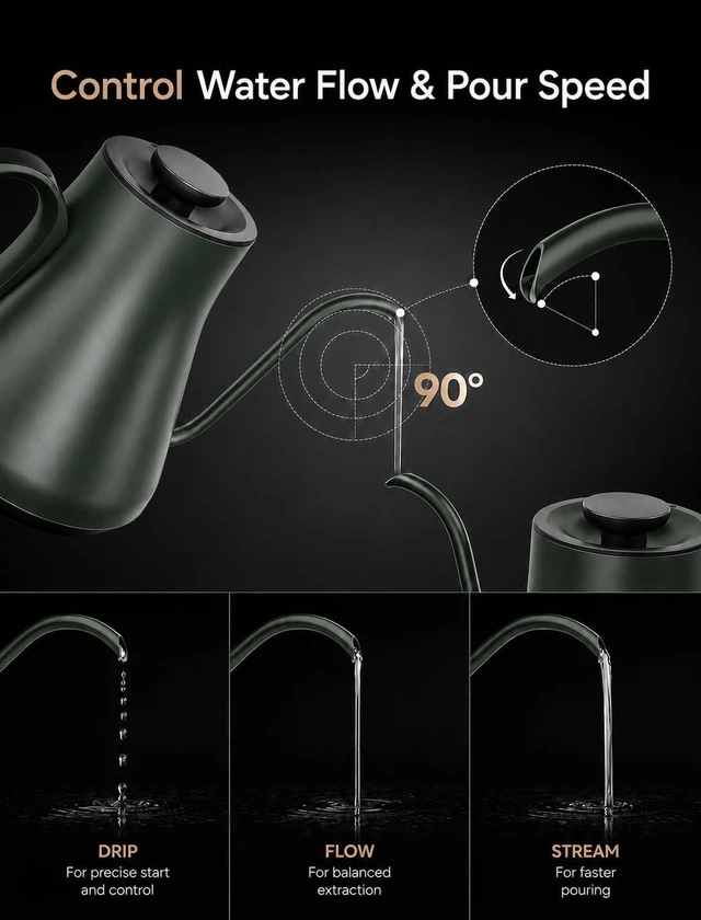Alt view image 4 of 7 - Gooseneck Electric Kettle, ±1°F Precise Temperature Control, 1500W Fast Heating, Pour Over Coffee & Tea Kettle with Brew Timer & Keep Warm, Stainless Steel, 0.9L (Delacroix Green)