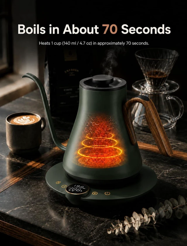 Alt view image 5 of 7 - Gooseneck Electric Kettle, ±1°F Precise Temperature Control, 1500W Fast Heating, Pour Over Coffee & Tea Kettle with Brew Timer & Keep Warm, Stainless Steel, 0.9L (Delacroix Green)