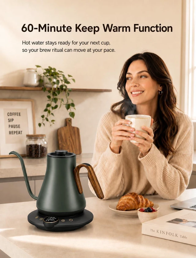 Alt view image 6 of 7 - Gooseneck Electric Kettle, ±1°F Precise Temperature Control, 1500W Fast Heating, Pour Over Coffee & Tea Kettle with Brew Timer & Keep Warm, Stainless Steel, 0.9L (Delacroix Green)