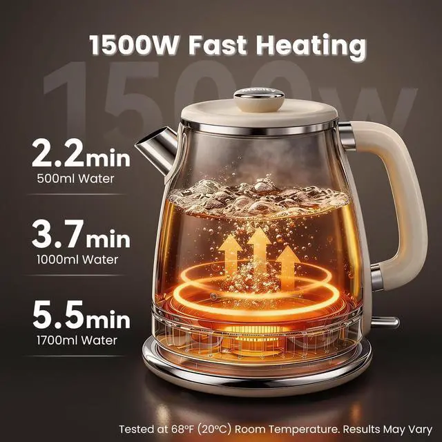 Alt view image 2 of 7 - Retro Electric Kettle 1.7L, Stainless Steel Interior, Food-Grade Silicone Water Contact, Double Wall Cool Touch, 1500W Fast Boil, Thermometer (°F/°C), Wide Opening, Cream