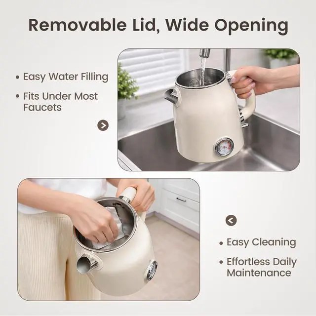 Alt view image 3 of 7 - Retro Electric Kettle 1.7L, Stainless Steel Interior, Food-Grade Silicone Water Contact, Double Wall Cool Touch, 1500W Fast Boil, Thermometer (°F/°C), Wide Opening, Cream