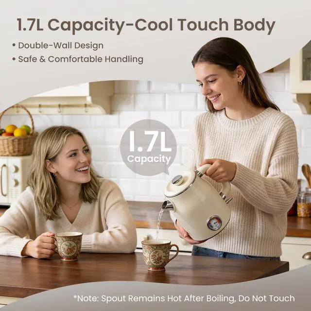 Alt view image 5 of 7 - Retro Electric Kettle 1.7L, Stainless Steel Interior, Food-Grade Silicone Water Contact, Double Wall Cool Touch, 1500W Fast Boil, Thermometer (°F/°C), Wide Opening, Cream