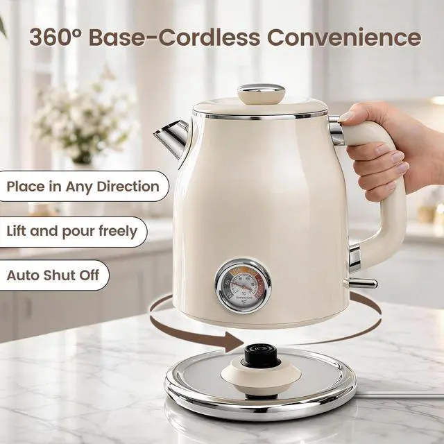 Alt view image 6 of 7 - Retro Electric Kettle 1.7L, Stainless Steel Interior, Food-Grade Silicone Water Contact, Double Wall Cool Touch, 1500W Fast Boil, Thermometer (°F/°C), Wide Opening, Cream