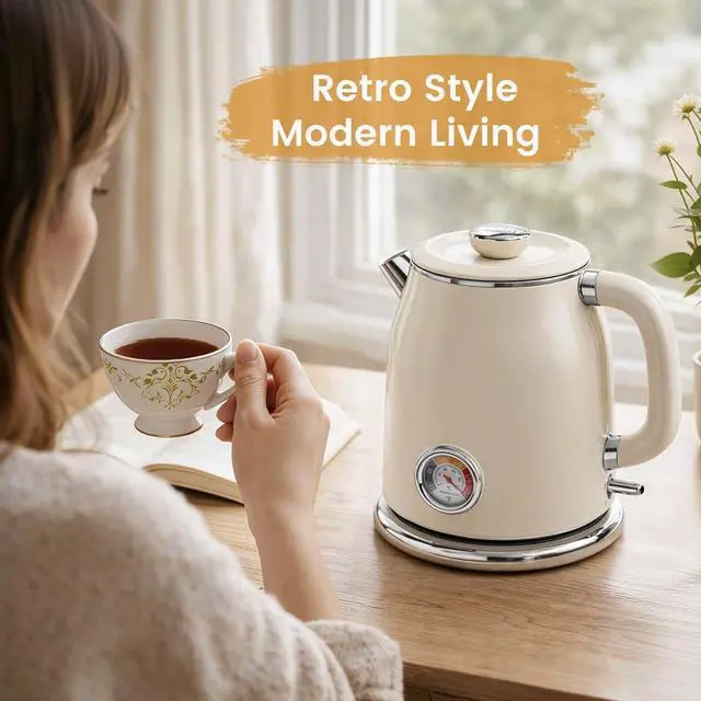 Alt view image 7 of 7 - Retro Electric Kettle 1.7L, Stainless Steel Interior, Food-Grade Silicone Water Contact, Double Wall Cool Touch, 1500W Fast Boil, Thermometer (°F/°C), Wide Opening, Cream