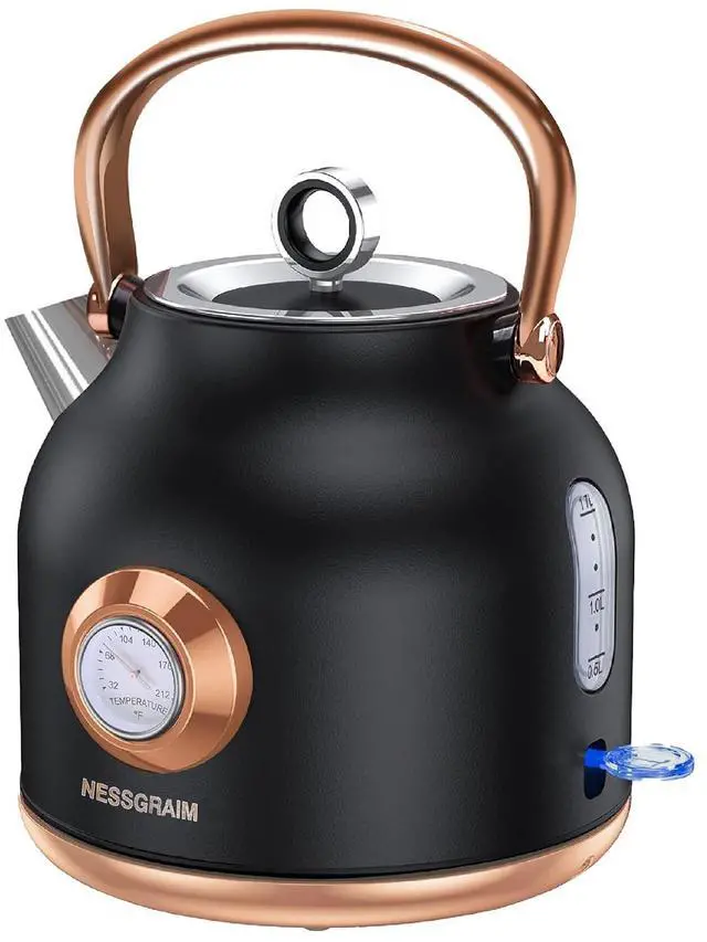 Main image of Retro Electric Kettle, 1.7L Stainless Steel Tea Kettle with Large Temperature Gauge, 1500W Fast Heating Hot Water Boiler with LED Indicator, Auto Shut-off & Boil-Dry Protection-Reteo Black