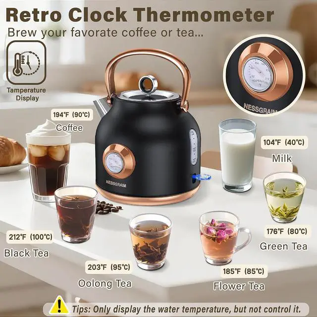 Alt view image 2 of 6 - Retro Electric Kettle, 1.7L Stainless Steel Tea Kettle with Large Temperature Gauge, 1500W Fast Heating Hot Water Boiler with LED Indicator, Auto Shut-off & Boil-Dry Protection-Reteo Black
