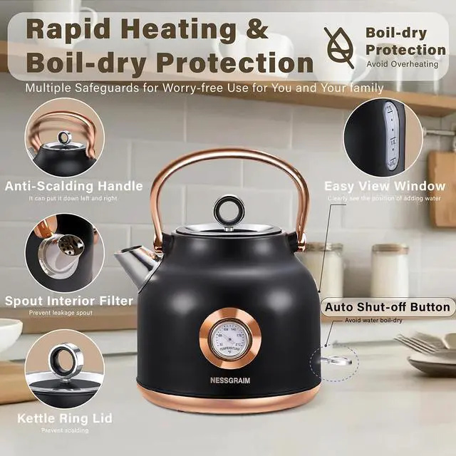 Alt view image 4 of 6 - Retro Electric Kettle, 1.7L Stainless Steel Tea Kettle with Large Temperature Gauge, 1500W Fast Heating Hot Water Boiler with LED Indicator, Auto Shut-off & Boil-Dry Protection-Reteo Black