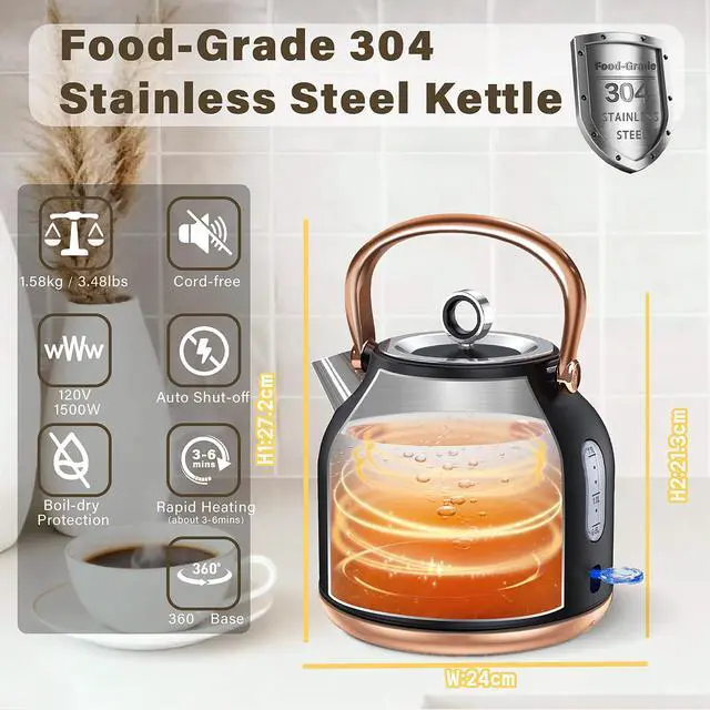 Alt view image 5 of 6 - Retro Electric Kettle, 1.7L Stainless Steel Tea Kettle with Large Temperature Gauge, 1500W Fast Heating Hot Water Boiler with LED Indicator, Auto Shut-off & Boil-Dry Protection-Reteo Black