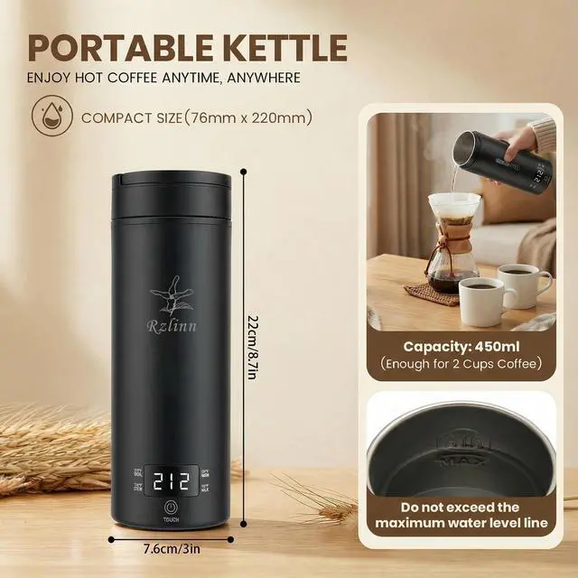 Alt view image 2 of 7 - Portable Electric Kettle 120V, Travel Tea Kettle, 316 Stainless Steel Premium Liner, 4-speed Temperature Adjustment with Auto Shut-off and Boil-Off Protection black