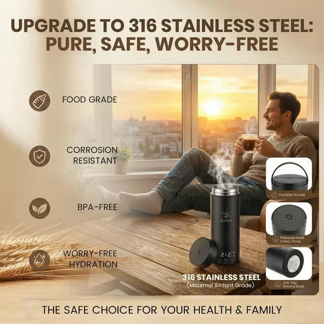 Alt view image 6 of 7 - Portable Electric Kettle 120V, Travel Tea Kettle, 316 Stainless Steel Premium Liner, 4-speed Temperature Adjustment with Auto Shut-off and Boil-Off Protection black