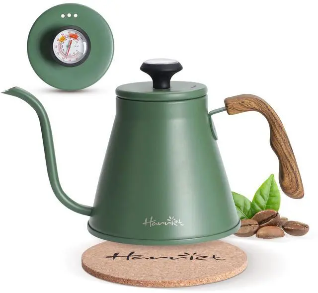 Main image of Gooseneck Kettle with Thermometer for Pour Over Coffee and Tea, 37 fl oz, Stainless Steel, Durable 3-Layer Base, Ideal Spout for Precision Pouring, Compatible with all Stove Tops, Green