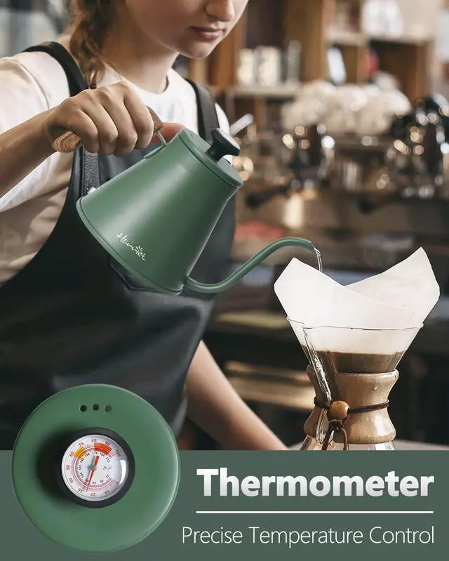 Alt view image 2 of 7 - Gooseneck Kettle with Thermometer for Pour Over Coffee and Tea, 37 fl oz, Stainless Steel, Durable 3-Layer Base, Ideal Spout for Precision Pouring, Compatible with all Stove Tops, Green