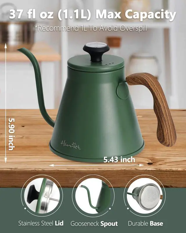 Alt view image 5 of 7 - Gooseneck Kettle with Thermometer for Pour Over Coffee and Tea, 37 fl oz, Stainless Steel, Durable 3-Layer Base, Ideal Spout for Precision Pouring, Compatible with all Stove Tops, Green