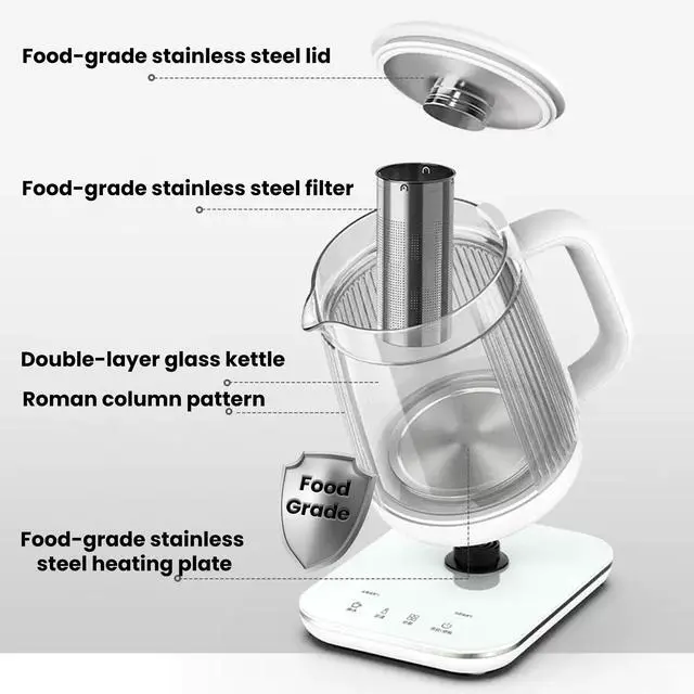 Alt view image 6 of 7 - Double-Layer Electric Kettle1.5L with Stew Pot,Glass Health Pot, 9-in-1 Glass Tea Maker, Programmable Touch Panel, Stainless Steel Base for Soup, Porridge, Herbal Tea