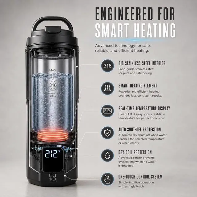 Alt view image 6 of 7 - Travel Electric Kettle, 450ml, Real-Time LED Display, Dual Voltage, SUS316