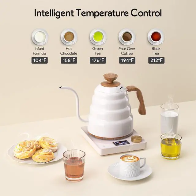Alt view image 2 of 7 - Electric Gooseneck Kettle, 30oz/0.9L Intelligent Temperature Control, Quick Heating, 304 Stainless Steel for Pour Over Coffee, Brew Tea, Boil Hot Water, 1000W White