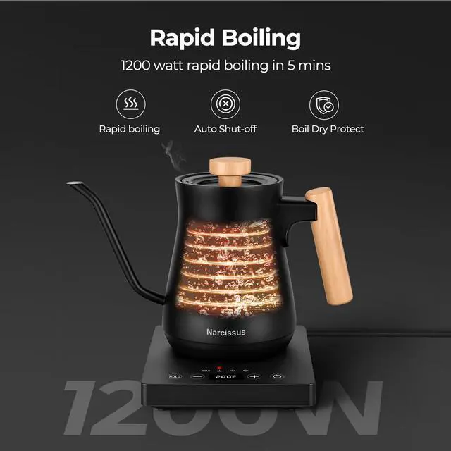 Alt view image 3 of 7 - P901 Gooseneck Electric Kettle with ±1 Temperature Control Function, 0.9 Liters, 1200 Watt Rapid Boiling in 5 Mins, Max 6 Hours Keeping Warm, 304 Stainless Steel Interior, BPA Free, Black