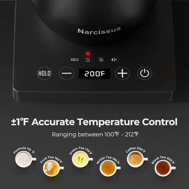 Alt view image 4 of 7 - P901 Gooseneck Electric Kettle with ±1 Temperature Control Function, 0.9 Liters, 1200 Watt Rapid Boiling in 5 Mins, Max 6 Hours Keeping Warm, 304 Stainless Steel Interior, BPA Free, Black