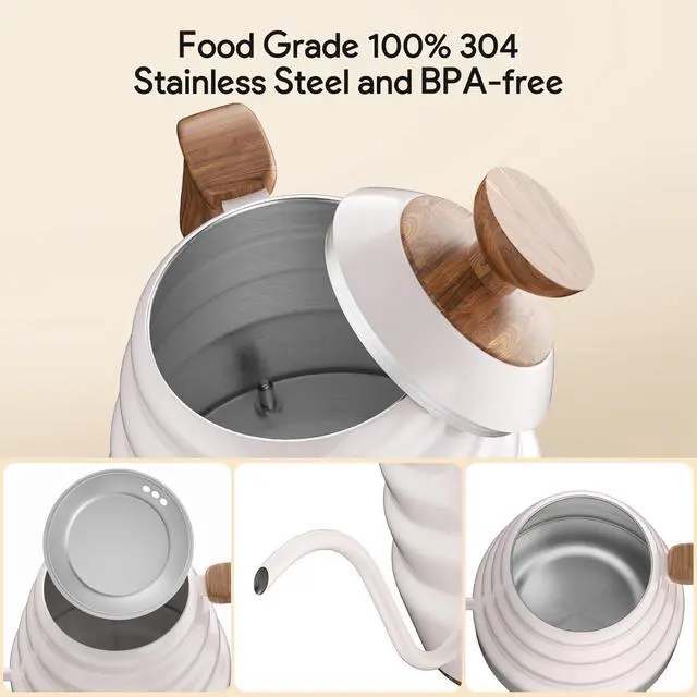 Alt view image 4 of 7 - Electric Gooseneck Kettle, 30oz/0.9L Intelligent Temperature Control, Quick Heating, 304 Stainless Steel for Pour Over Coffee, Brew Tea, Boil Hot Water, 1000W White