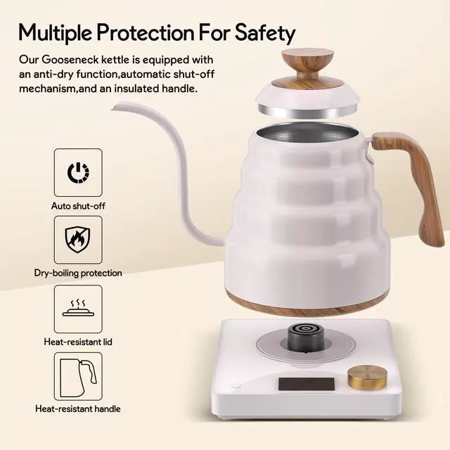 Alt view image 6 of 7 - Electric Gooseneck Kettle, 30oz/0.9L Intelligent Temperature Control, Quick Heating, 304 Stainless Steel for Pour Over Coffee, Brew Tea, Boil Hot Water, 1000W White