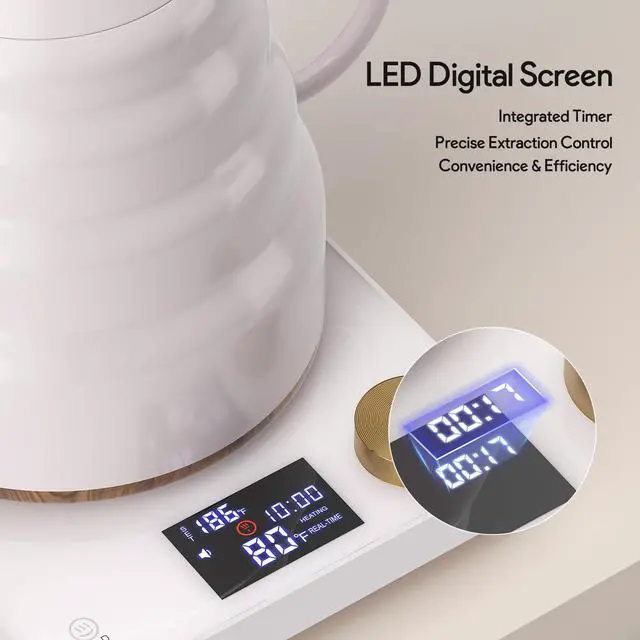 Alt view image 7 of 7 - Electric Gooseneck Kettle, 30oz/0.9L Intelligent Temperature Control, Quick Heating, 304 Stainless Steel for Pour Over Coffee, Brew Tea, Boil Hot Water, 1000W White