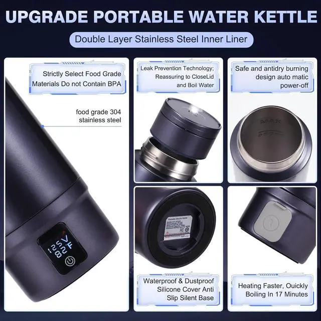 Alt view image 6 of 7 - Vacuum Insulated Car Electric Kettle,Stainless Steel Tumbler Car Water Heater,12V/24V Water Boiler with 6 Temperature and Auto Shut-Off Boil Dry