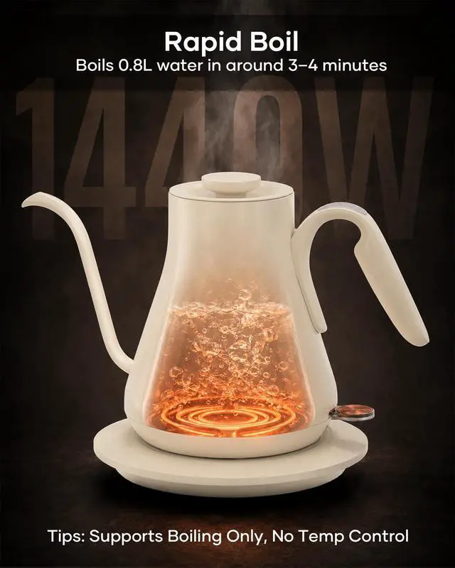 Alt view image 3 of 7 - Gooseneck Electric Kettle 0.8L, Fast Boil Pour Over Coffee, Tea
