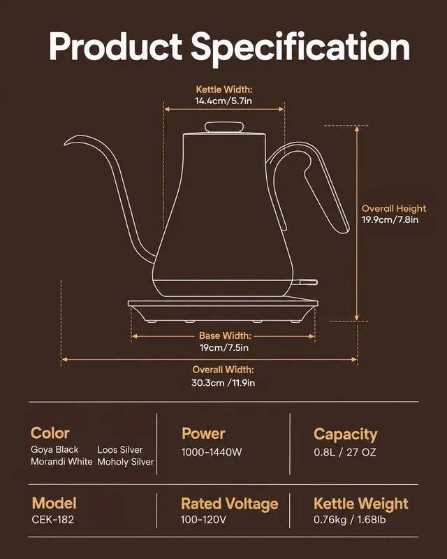 Alt view image 7 of 7 - Gooseneck Electric Kettle 0.8L, Fast Boil Pour Over Coffee, Tea