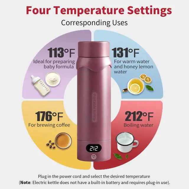 Alt view image 3 of 7 - Travel Electric KettleInsulated Water Bottle with 4 Temp, Black Cherry