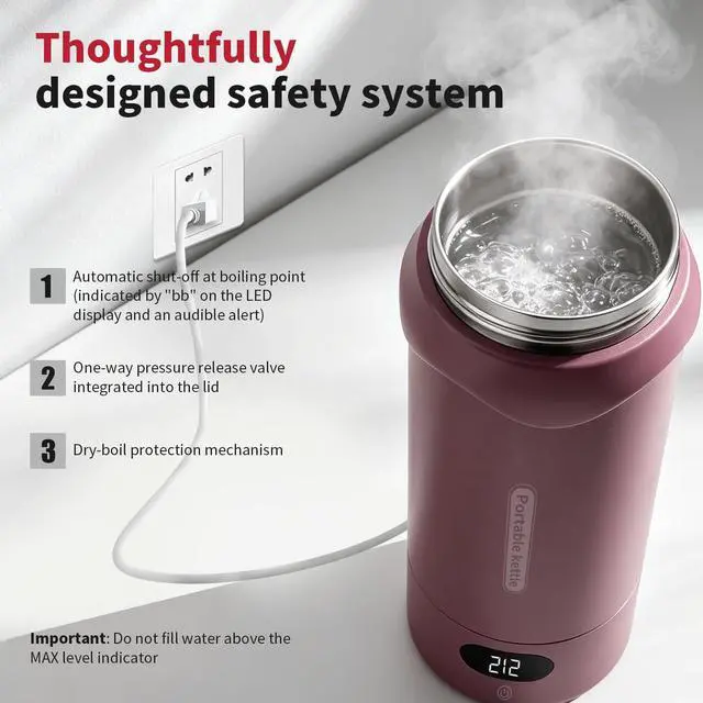 Alt view image 4 of 7 - Travel Electric KettleInsulated Water Bottle with 4 Temp, Black Cherry