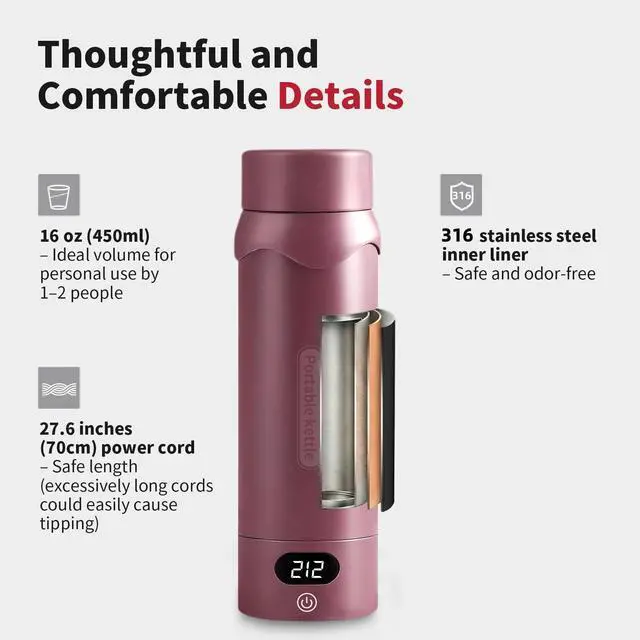 Alt view image 5 of 7 - Travel Electric KettleInsulated Water Bottle with 4 Temp, Black Cherry