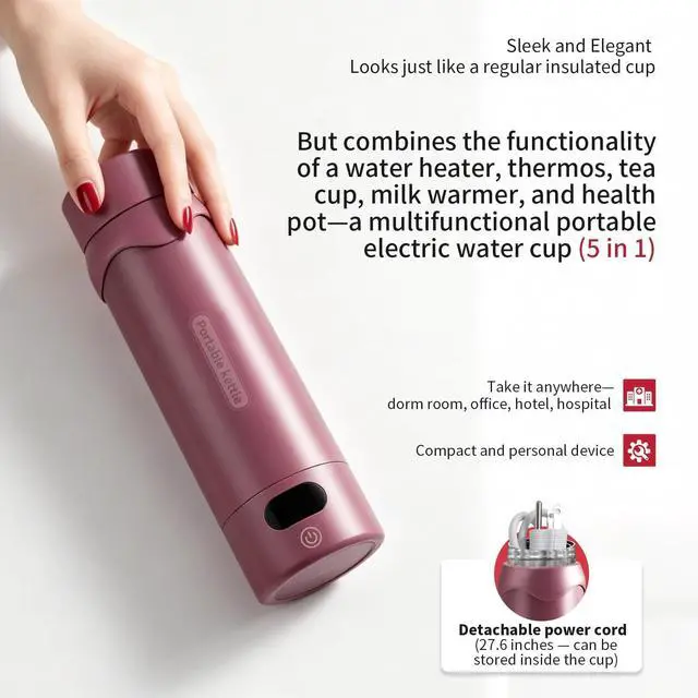 Alt view image 7 of 7 - Travel Electric KettleInsulated Water Bottle with 4 Temp, Black Cherry