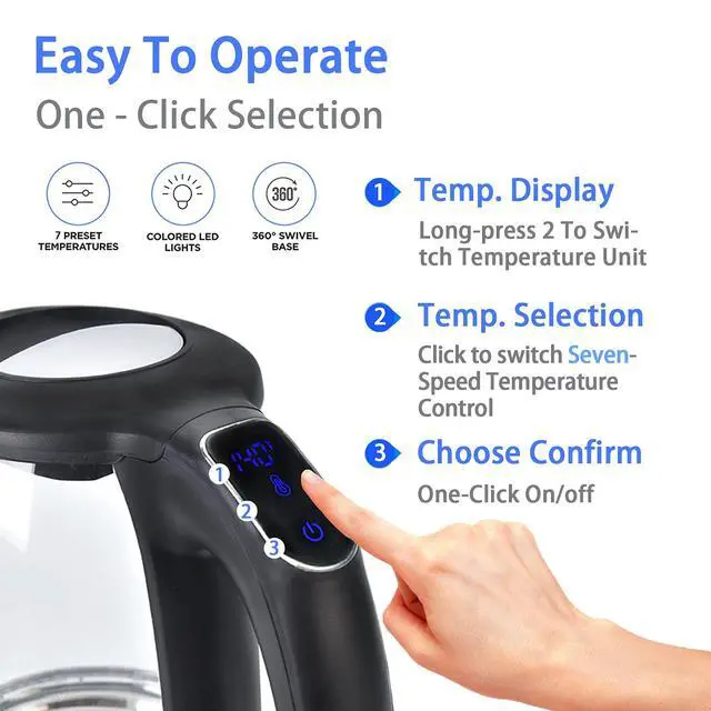 Alt view image 2 of 6 - 1.7L Electric Glass Kettle 1500W Temperature Control Fast Water Boiler BPA Free Auto Shut-off Protection Electric Teapot with Led Touch Screen and Two-year Quality Guarantee
