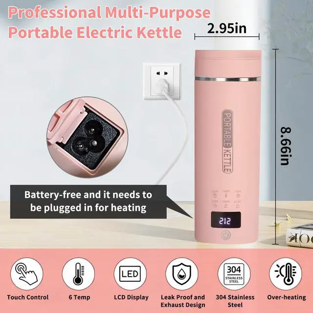 Alt view image 2 of 7 - Pink Travel Electric Kettle with LCD Display, 6 Temperature Settings, 450ml / 15.2oz, 304 Stainless Steel, Auto Shut-Off and Dry Boil Protection, Compact and Portable Electric Kettle