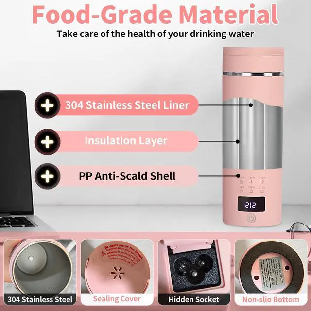 Alt view image 3 of 7 - Pink Travel Electric Kettle with LCD Display, 6 Temperature Settings, 450ml / 15.2oz, 304 Stainless Steel, Auto Shut-Off and Dry Boil Protection, Compact and Portable Electric Kettle