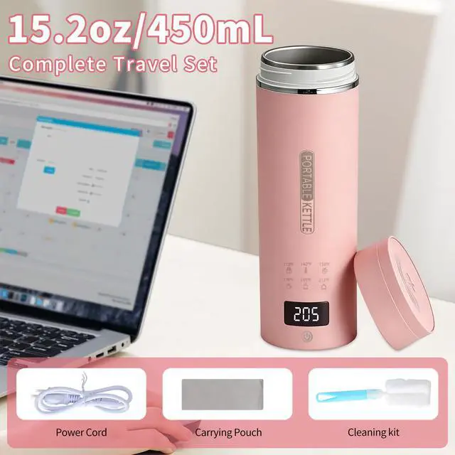 Alt view image 5 of 7 - Pink Travel Electric Kettle with LCD Display, 6 Temperature Settings, 450ml / 15.2oz, 304 Stainless Steel, Auto Shut-Off and Dry Boil Protection, Compact and Portable Electric Kettle