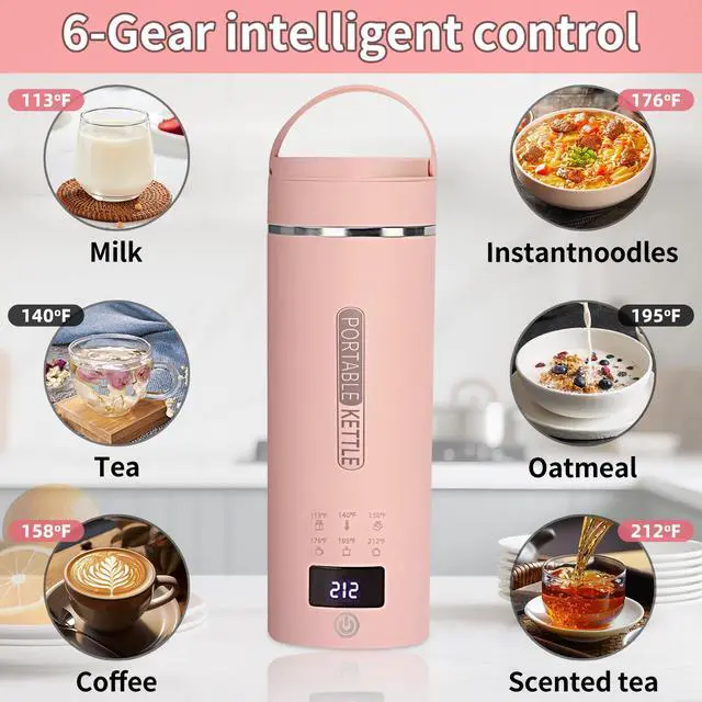 Alt view image 7 of 7 - Pink Travel Electric Kettle with LCD Display, 6 Temperature Settings, 450ml / 15.2oz, 304 Stainless Steel, Auto Shut-Off and Dry Boil Protection, Compact and Portable Electric Kettle