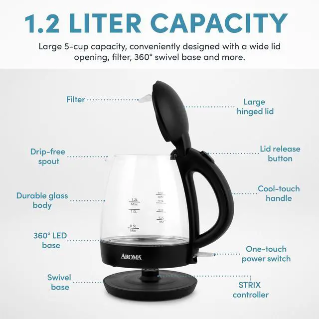 Alt view image 4 of 6 - ® 1.2L / 5-Cup Glass Electric Kettle with Cordless Pouring, Trigger-Release Lid, Automatic Shut-off, Black (AWK-151B)