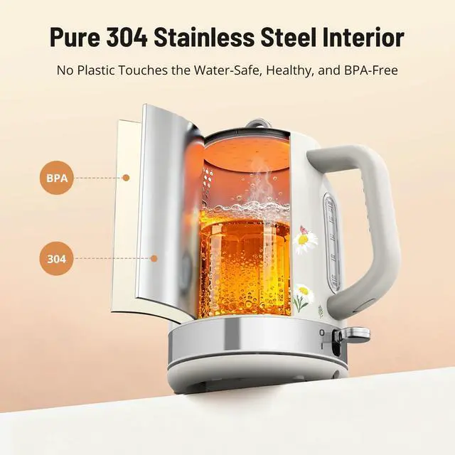 Alt view image 3 of 7 - Retro Stainless Steel Electric Kettle, 1.7L Cordless Hot Water Tea Kettle with Thermometer, 1500W Fast Heating, LED Indicator, Auto Shut-Off & Boil Dry Protection