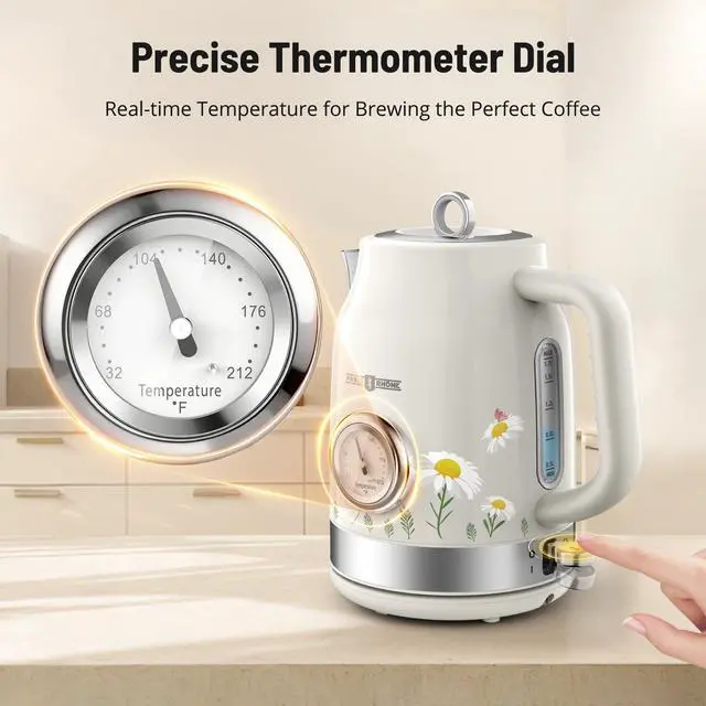 Alt view image 4 of 7 - Retro Stainless Steel Electric Kettle, 1.7L Cordless Hot Water Tea Kettle with Thermometer, 1500W Fast Heating, LED Indicator, Auto Shut-Off & Boil Dry Protection